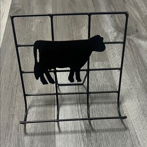 Black metal sturdy wire cookbook stand with a cow silhouette